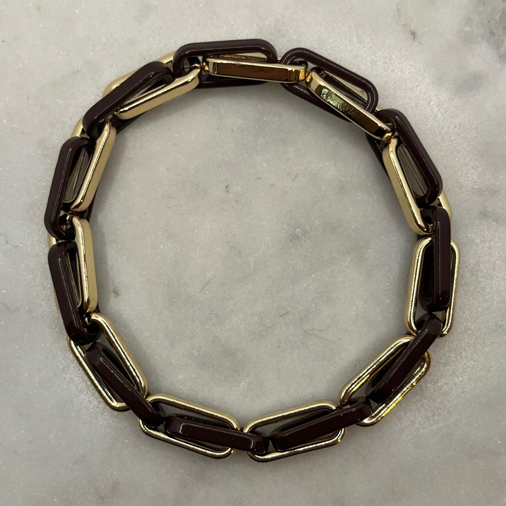 Brown Gold Paperclip Bracelet Marlyn Schiff Enamel Alternating Link Stretch New